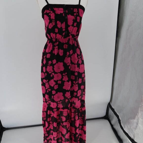 Kensie Pink Black Floral Maxi Dress Button Front XS - Picture 3 of 11